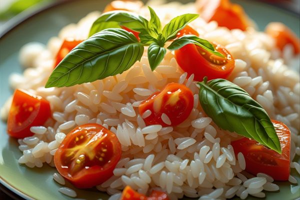 Ingredientes para el arroz con tomate y albahaca
