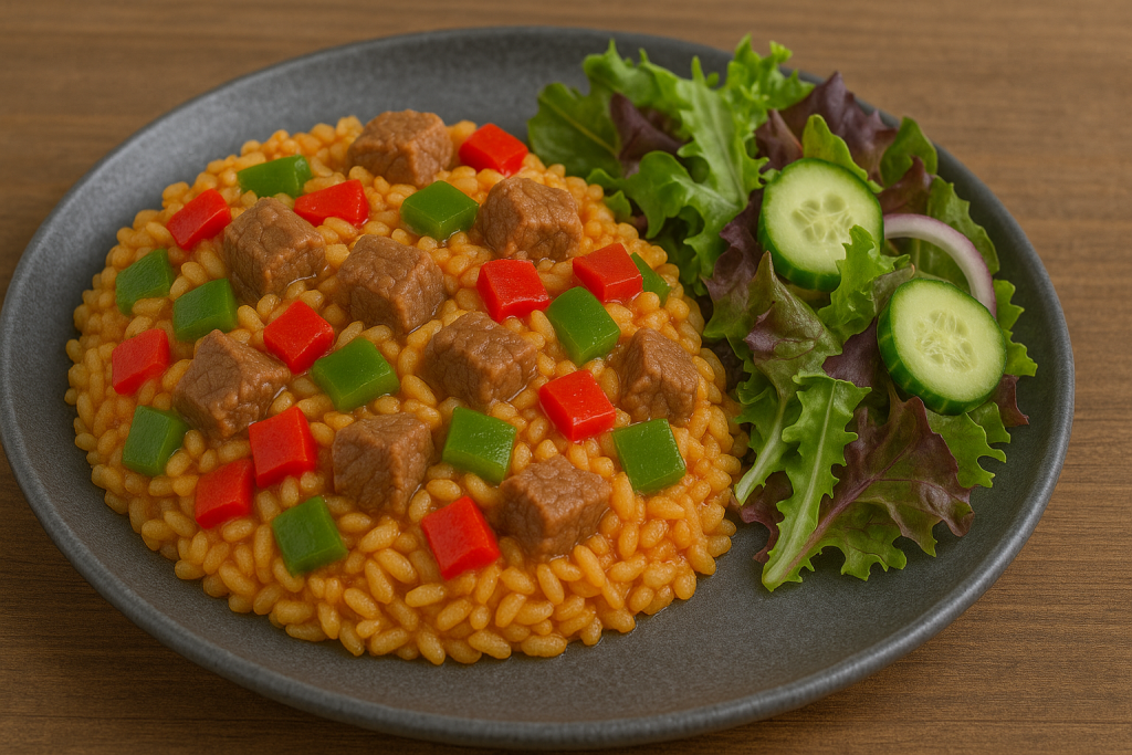 Arroz con ternera y pimientos cocinándose en olla